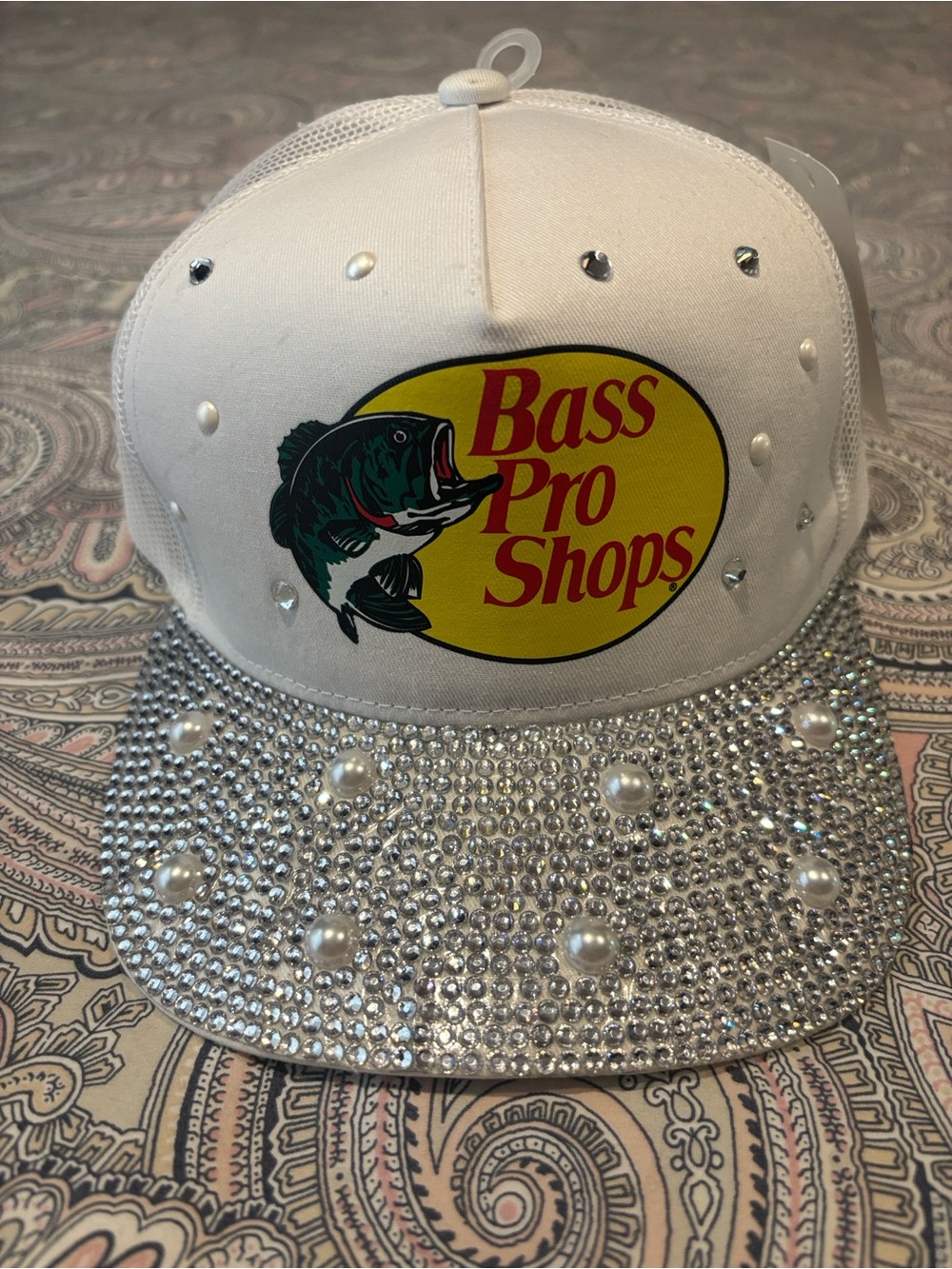 Bass Pro Shops White Rhinestone Pearl Embellished Trucker Hat
